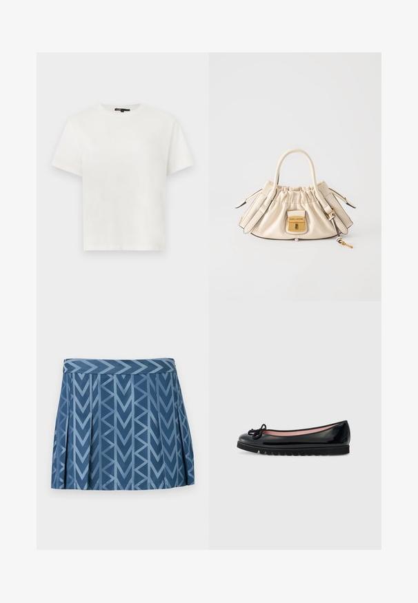 T-shirt blanc à manches courtes et col rond avec un petit logo de cœur en relief sur le côté gauche de la poitrine et une étiquette noire au niveau du col.; Jupe plissée bleue avec un motif géométrique en chevrons dans des tons de bleu plus clairs, dotée d'une ceinture ajustée.; Ballerine en cuir verni noir avec un bout rond, détail de nœud sur le dessus, et une semelle en caoutchouc texturé. L'intérieur présente un revêtement rose.; Sac à main en cuir couleur crème avec dessus froncé, doubles poignées, serrure dorée gravée "Marc Jacobs" et pendentif clé attaché sur fond blanc.