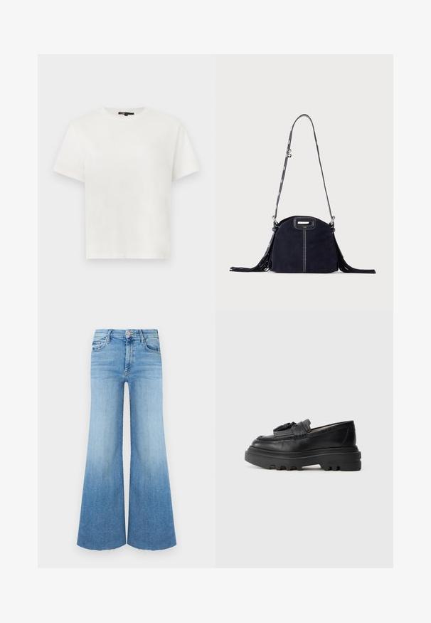 T-shirt blanc à manches courtes et col rond avec un petit logo de cœur en relief sur le côté gauche de la poitrine et une étiquette noire au niveau du col.; Jean en denim clair avec une coupe évasée, taille haute, deux poches avant et un ourlet brut en bas.; Mocassins en cuir noir avec une semelle en caoutchouc épaisse et une texture striée. Présente un accent tressé à l'avant. Vue de côté affichée.; Sac à main en daim bleu foncé avec des coutures blanches, une poignée découpée, une bandoulière à motif et de longues franges des deux côtés.