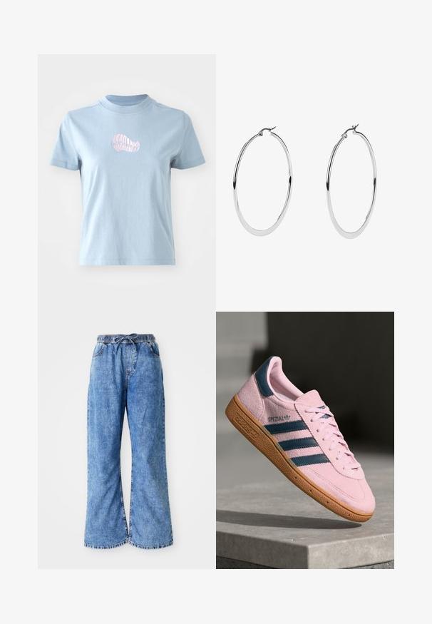 Helles blaues Baumwoll-T-Shirt mit kurzen Ärmeln und hohem Ausschnitt, das auf der Vorderseite ein kleines pinkes besticktes Muschel-Design zeigt.; Helle blaue Denim-Hosen mit weitem Bein, elastischem Bund und Kordelzug. Verfügt über doppelt genähte Nähte und einen rohen Saum. Keine sichtbaren Taschen.; Hellrosa Wildleder-Sneaker mit navyblauen drei Streifen, Gummisohle und hellrosa Schnürsenkeln. Mit "SPEZIAL"-Branding an der Seite.; Große Silberohrringe mit polierter Metalloberfläche, die ein glattes, kreisförmiges Design und einen sicheren Klappverschluss aufweisen.