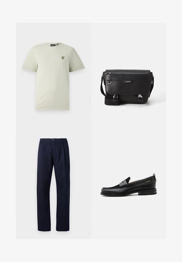 T-shirt en coton vert clair à manches courtes et col rond, avec un petit logo vert brodé sur la poitrine gauche.; Pantalons bleu marine en tissu à texture lisse, avec des jambes droites, une fermeture à bouton et un pli avant unique.; Mocassin en cuir noir avec détail de bride grise, talon bas et semelle texturée, marqué "HUGO" en or sur le côté.; Sac messager Lacoste noir texturé avec bandoulière ajustable, rabat avant, poche zippée et fermetures à boucle en métal.