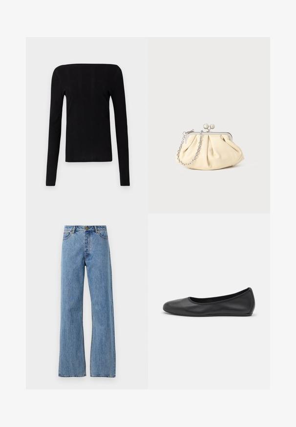 Zwarte langemouwen top met een rechte halslijn en ribbelstructuur, met een aansluitende pasvorm en zonder zichtbare hardware of accenten.; Lichtblauwe hoge taille straight-leg jeans met een voorknoop, rits en vijf-pocket ontwerp op een effen witte achtergrond.; Zwarte leren ballerina met een ronde neus, gladde textuur, minimale stikdetails en een flexibele zoolontwerp.; Geplooide beige leren clutch met een zilveren metalen frame, voorzien van twee ronde decoratieve sluitingen en een zilveren kettingriem.