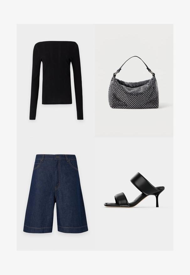 Zwarte langemouwen top met een rechte halslijn en ribbelstructuur, met een aansluitende pasvorm en zonder zichtbare hardware of accenten.; Donkerblauwe denimshorts met knoop aan de voorkant, riemlussen en contrasterende stiksels, getoond tegen een effen lichte achtergrond.; Zwarte leren mule sandaal met twee brede banden en een slanke, middelhoog stilettohak op een effen lichte achtergrond.; Zwart en zilveren handtas met een geweven, gestructureerd oppervlak dat vierkante patronen bevat, een enkele bovenhandgreep en een slungelige vorm.