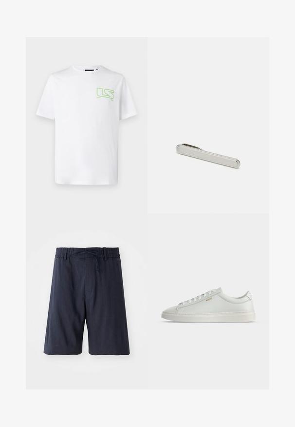 Weißes Baumwoll-T-Shirt mit einem kleinen grünen "LS"-Logo auf der linken Brustseite. Klassischer Rundhalsausschnitt und kurze Ärmel.; Marineblaue Shorts mit elastischem Bund, verstellbarem Kordelzug und einem weichen, strukturierten Stoff. Mit einem knielangen Schnitt und minimalistischen Design.; Weißer Leder-Sneaker in niedriger Ausführung mit Schnürsenkeln, flacher Sohle und kleinem goldfarbenem "BOSS" Logo an der Seite, von der Außenseite betrachtet.; Silberner Metall-Krawattenclip, schlankes und rechteckiges Design mit abgerundeten Kanten. Eingravierter Markenname "HUGO" auf einer Seite. Glatte, polierte Textur.
