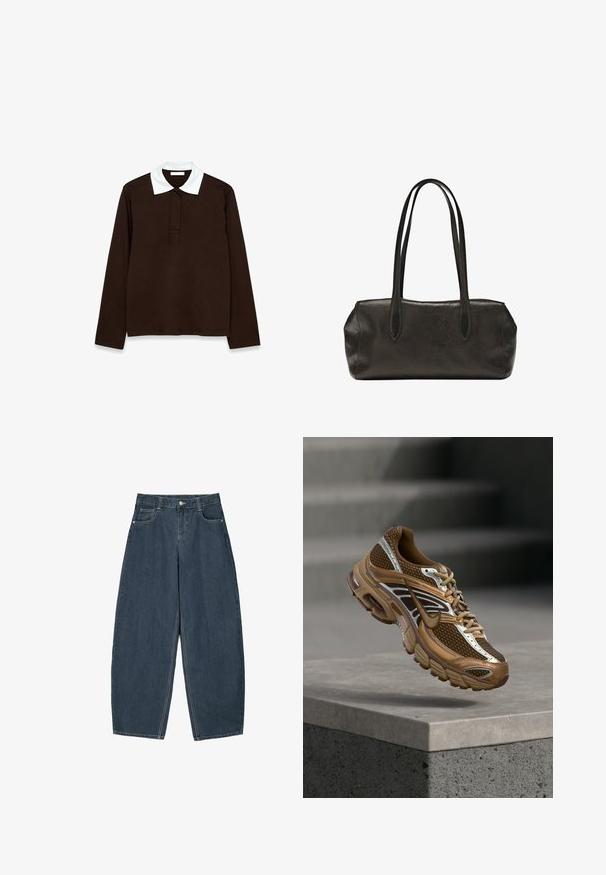 Polo à manches longues en tissu marron foncé avec un col blanc texturé et une patte de boutonnage à trois boutons. Matière lisse et confortable.; Jeans en denim bleu foncé à jambes larges avec une taille haute, dotés de cinq poches et de détails de couture visibles. Design épuré et minimal.; Baskets Nike marron et beige avec mesh et détails réfléchissants flottant au-dessus d'un rebord en béton sur un fond gris flou.; Sac à main rectangulaire en cuir noir avec longues bretelles doubles et finition texturée, présenté sur un fond blanc uni.
