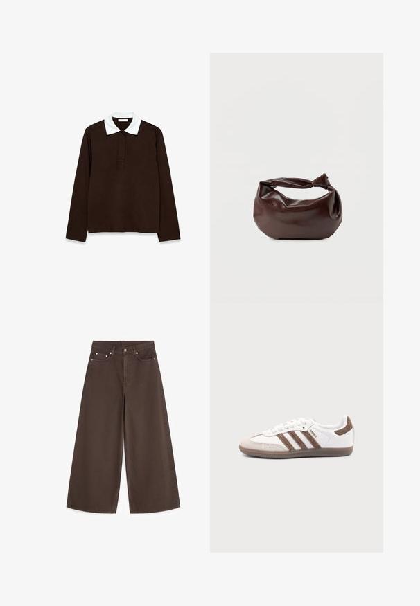 Camisa polo de manga larga en tejido marrón oscuro con un cuello texturizado blanco y placket de tres botones. Material suave y cómodo.; Vaqueros marrones de pierna ancha con cintura alta, botón frontal, cremallera y cinco bolsillos, colocados planos sobre fondo blanco.; Zapatilla blanca Adidas Samba con franjas de ante marrón, suela de goma marrón y puntera de ante beige, vista desde el lado exterior sobre un fondo liso.; Bolso de hombro de cuero marrón oscuro con una forma suave y caída, y un asa con nudo torcido sobre un fondo blanco liso.