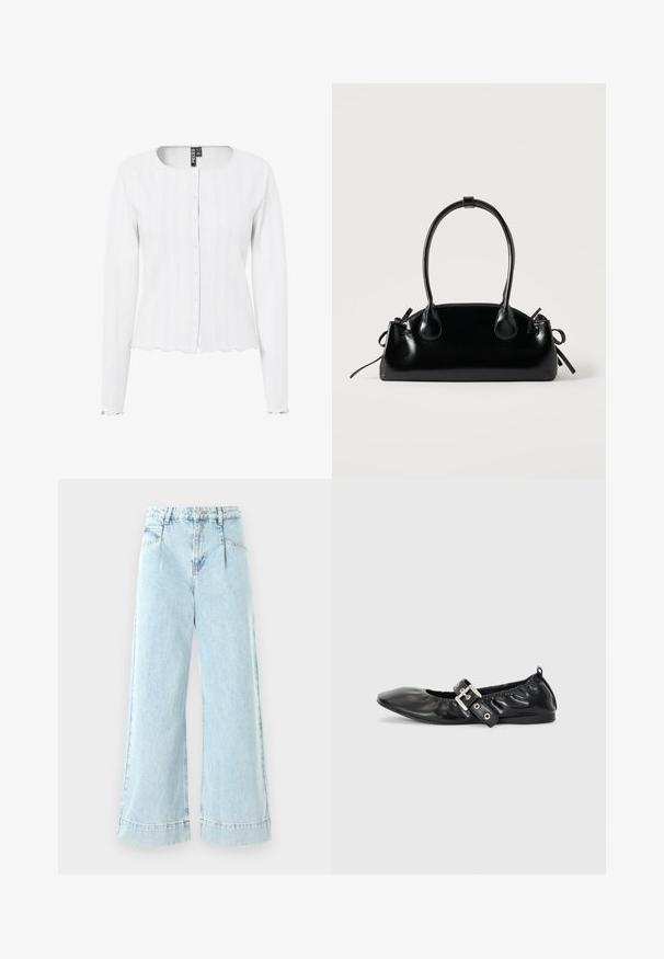 Cardigan blanc à côtes avec des manches longues, un col rond et une fermeture à boutons. L'ourlet et les poignets à bord festonné ajoutent de la texture au design.; Jeans larges en denim bleu clair, avec une taille haute, des poches avant et des accents cousus à l'ourlet.; Chaussure plate en cuir noir avec un nez pointu, des détails froncés autour de l'ouverture et un accent en boucle argentée sur la bride ajustable.; Petit sac à main noir brillant avec deux longues anses et des détails à cordon sur les côtés sur un fond clair uni.