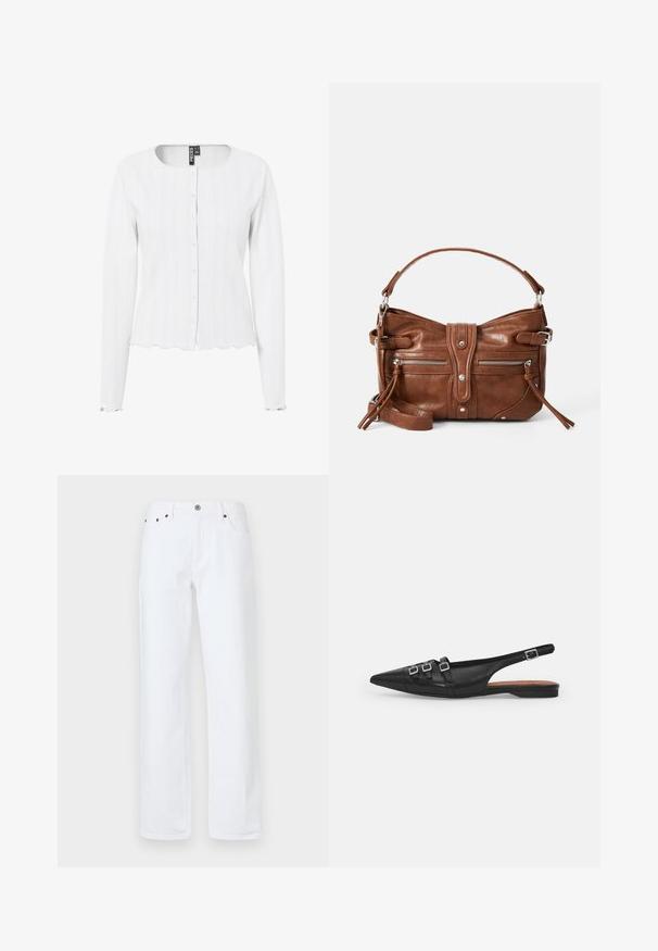 Cardigan blanc à côtes avec des manches longues, un col rond et une fermeture à boutons. L'ourlet et les poignets à bord festonné ajoutent de la texture au design.; Des jeans en denim blanc présentent une coupe décontractée avec une jambe droite, un design à cinq poches, une fermeture à bouton à l'avant et des rivets de couleur cuivrée.; Chaussure plate noire en cuir avec un bout pointu, dotée de deux lanières horizontales et de boucles carrées en argent, avec un faible talon et une texture lisse.; Sac à main en cuir marron, de forme arrondie, avec deux poches zippées à l'avant et une bandoulière amovible. Il présente des éléments en métal argenté et des coutures.