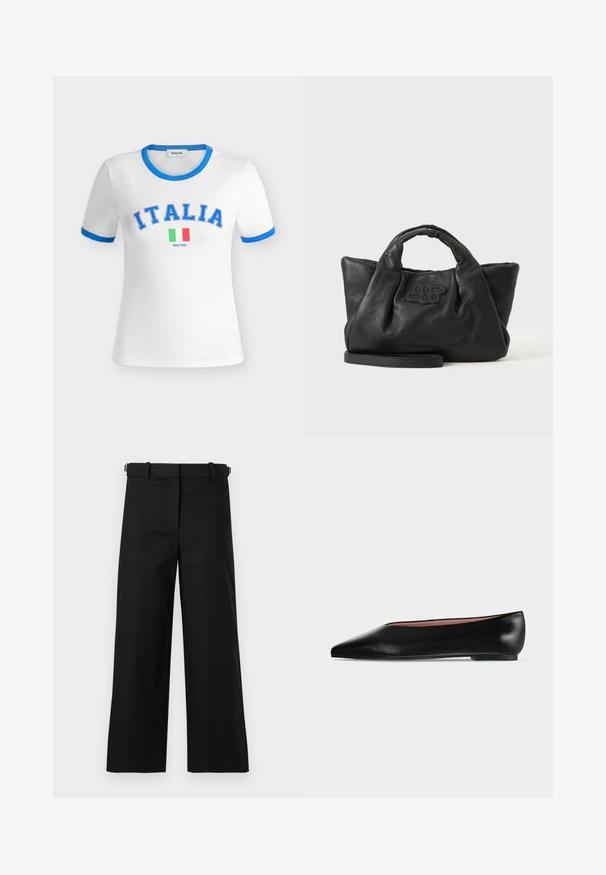 T-shirt blanc à manches courtes avec col bleu et bordures de manches bleues, texte bleu "ITALIA" et petit drapeau italien avec "MODSTRÖM" en dessous.; Pantalons larges noirs en tissu coton, dotés d'une ceinture et d'une texture lisse, avec un design avant épuré et sans motifs visibles.; Chaussure plate en cuir noir pour femme, avec bout pointu et petit talon, vue de côté sur un fond gris clair uni.; Sac à main en cuir souple noir avec de courtes poignées, une bandoulière amovible et un logo cousu à l'avant, sur un fond uni clair.