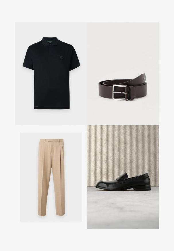 Polo noir à manches courtes avec col, patte de boutonnage cachée et petit logo noir "Porsche BOSS" sur le côté gauche de la poitrine.; Pantalon beige sur mesure avec plis sur le devant, passants de ceinture et jambes droites, présenté sur un fond clair et uni.; Mocassin en cuir noir avec un accent métallique, présenté en lévitation au-dessus d'un tapis beige, avec une table ronde de couleur ambre en arrière-plan.; Ceinture en cuir marron avec une finition lisse, équipée d'une boucle rectangulaire en métal argenté et d'un détail de couture contrastante.