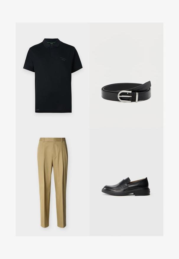 Polo noir à manches courtes avec col, patte de boutonnage cachée et petit logo noir "Porsche BOSS" sur le côté gauche de la poitrine.; Pantalon beige ajusté avec passants de ceinture et pli frontal, présenté sur un fond clair uni.; Chaussure habillée noire en cuir, à enfiler, avec un petit talon et un logo Calvin Klein discret sur le côté, présentée de profil sur un fond blanc.; Ceinture en faux cuir noir avec texture crocodile et boucle ronde en argent, enroulée sur un fond blanc uni.