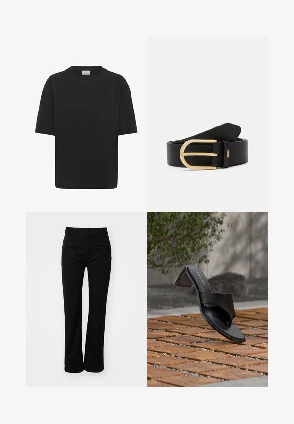 T-shirt noir à manches courtes, coupe ample, avec col rond et étiquette blanche visible à l'intérieur du col portant l'inscription "GESTUZ".; Pantalons en coton noirs avec une coupe droite, dotés d'une fermeture à bouton à l'avant, de passants de ceinture et de deux poches latérales. Texture lisse.; Sandale à talon noire Calvin Klein avec boucle pour l’orteil, posée sur un sol en carreaux de bois en extérieur, près d’un arbre et d’un mur en pierre.; Ceinture en cuir noir avec une boucle en métal doré brillant, texture lisse, et un accent de marque avec "HUGO" sur le passant.