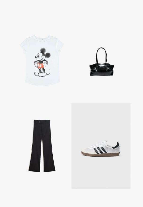 Weißes T-Shirt mit kurzen Ärmeln, das ein Grafikdesign von Mickey Mouse zeigt, illustriert in Schwarz und Rot, mit übergroßen Ohren und runden Schuhen.; Schwarze High-Waist-Hose mit weitem Bein, doppeltem Knopfverschluss am Bund und vorderlichem Reißverschluss, flach auf weißem Hintergrund präsentiert.; Weißer Mesh-Sneaker mit schwarzen Streifen, beiger Wildleder-Kappe an der Spitze und am Absatz, strukturierter Gummisohle und weißen Schnürsenkeln. Klassisches Low-Top-Design.; Schwarze Lederhandtasche mit zwei langen Henkeln und Schnallendetails, mit einem strukturierten Gittermuster auf der Oberfläche.