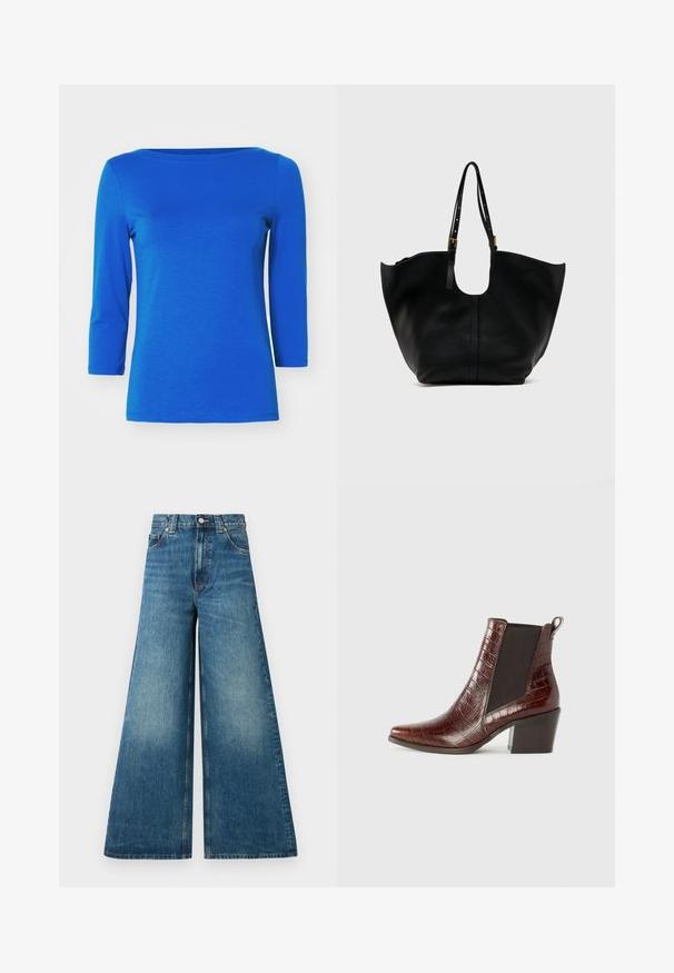 Vero Moda Langærmet T-shirt - surf the web; Høj- og bredbenede jeans i falmet blå denim med knaplukning, bæltesløjfer og to forlommer.; Brun krokodillemønstrede læder ankelstøvler med sorte elastiske sidepaneler og en blokhæl, med rund tå og træktab.; Sort lædertaske med bred, åben top og justerbare skulderremme med gyldne spænder, vist mod en ensfarvet lys baggrund.