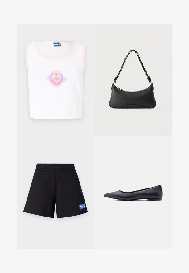 Hvid ærmeløs top med pink bølgekant, med et centreret hjertegrafik i pastelfarver med "Hugo" tekst indeni.; Sorte shorts med en afslappet pasform, elastisk talje og blå "HUGO" logo på venstre lår; lavet af blødt, åndbart materiale.; Sort flad lædersko med spidst tåparti og lav hæl, vist i sideprofil mod en hvid baggrund.; Sort skuldertaske i læder med en buet rektangulær form, gyldent kæde vævet ind i en flettet sort rem og toplynlås.