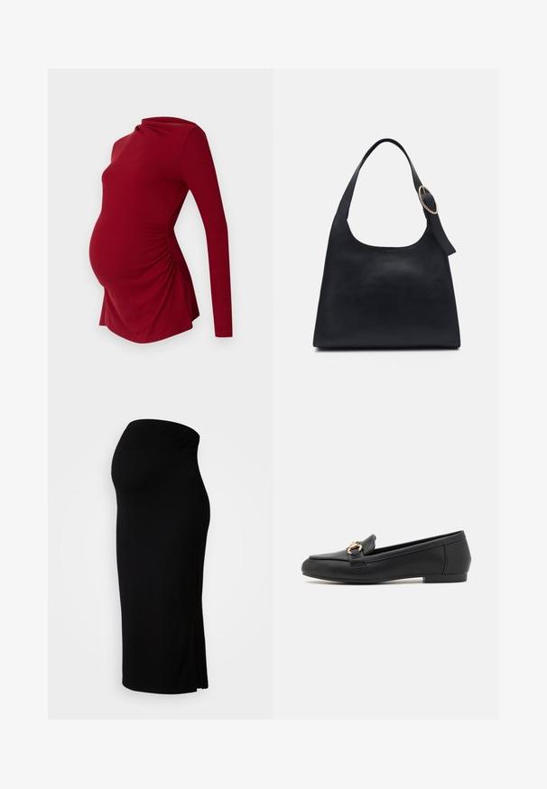 Langærmet rød graviditetstop i ribbet tekstur, med en draperet halsudskæring og sidelæggede detaljer for at rumme en voksende mave.; MAMALICIOUS MLLIF MIDI SKIRT - Pencil skirt - black; Sorte læder loafers med rund tå, prydet med en guldfarvet hardware detalje og en lav, flad hæl for nemt brug.; Sort læder tote taske med en glat overflade, rund form og en enkelt skulderrem med et cirkulært guld hardware-ornament.