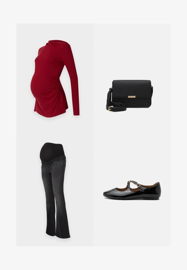 Top de maternidad rojo de manga larga con textura acanalada, que presenta un escote drapeado y fruncido lateral para acomodar una barriga en crecimiento.; Jeans de maternidad en denim gris oscuro con un panel negro elástico para soporte de la barriga, diseño de pierna acampanada y estilo clásico de cinco bolsillos.; Zapato plano Mary Jane de charol negro con dos recortes y una correa con hebilla dorada sobre fondo blanco.; Bolso cruzado de cuero negro con cierre de solapa, acentos en dorado, correa ajustable y superficie texturizada. Forma rectangular compacta.