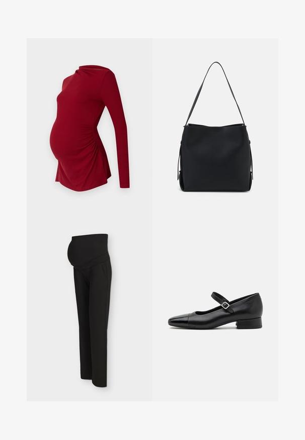 Top de maternidad rojo de manga larga con textura acanalada, que presenta un escote drapeado y fruncido lateral para acomodar una barriga en crecimiento.; Pantalones de maternidad negros con cintura elástica alta, diseñados para ajustarse cómodamente sobre una barriga de embarazada, mostrados sobre un fondo claro.; Zapatos Mary Jane de cuero negro con puntera de charol, correa de tobillo ajustable y tacón bajo. Textura suave y diseño elegante.; Pieces PCBONY - Bolso de mano - black