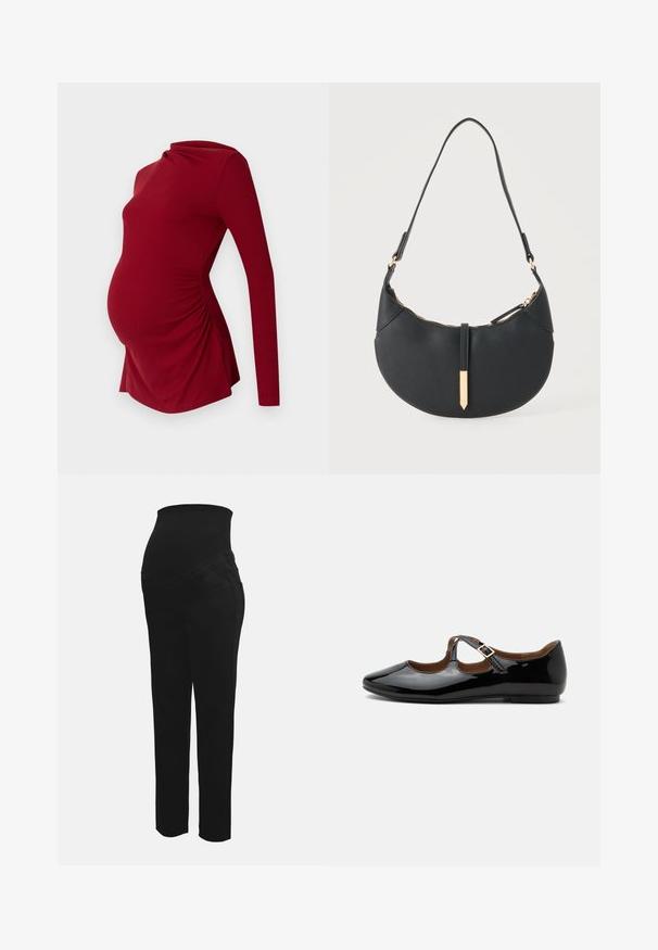 Haut de maternité à manches longues en texture côtelée, avec un décolleté drapé et un ruché sur les côtés pour s'adapter à un ventre en croissance.; Pantalons de maternité noirs avec une taille haute extensible conçue pour soutenir un ventre de femme enceinte, coupe droite et poches avant.; Chaussure plate Mary Jane en cuir verni noir avec deux découpes et une bride à boucle dorée sur fond blanc.; Sac à main noir en forme de croissant avec une bandoulière unique, une fermeture éclair dorée et une languette décorative rectangulaire dorée à l'avant.