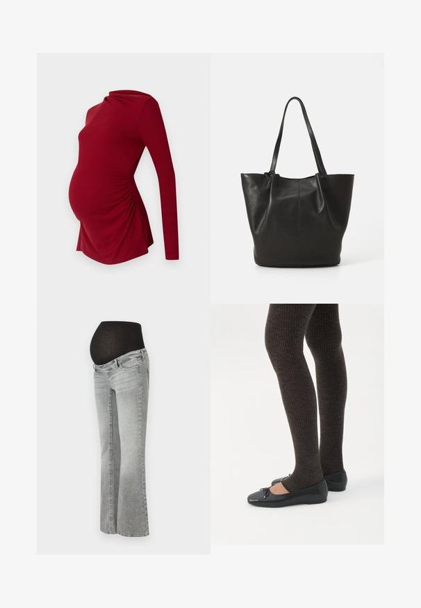 Langærmet rød graviditetstop i ribbet tekstur, med en draperet halsudskæring og sidelæggede detaljer for at rumme en voksende mave.; Graviditetsjeans i gråt denim med et strækbart sort panel over maven, med et lige ben-design og subtilt falmet tekstur.; Ben iført mørke ribbede leggings kombineret med sorte balletsko med små sløjfedetaljer på hvid baggrund.; Sort læder tote taske med en tekstureret overflade, to lange håndtag og et åbent topdesign. Enkel og praktisk form.
