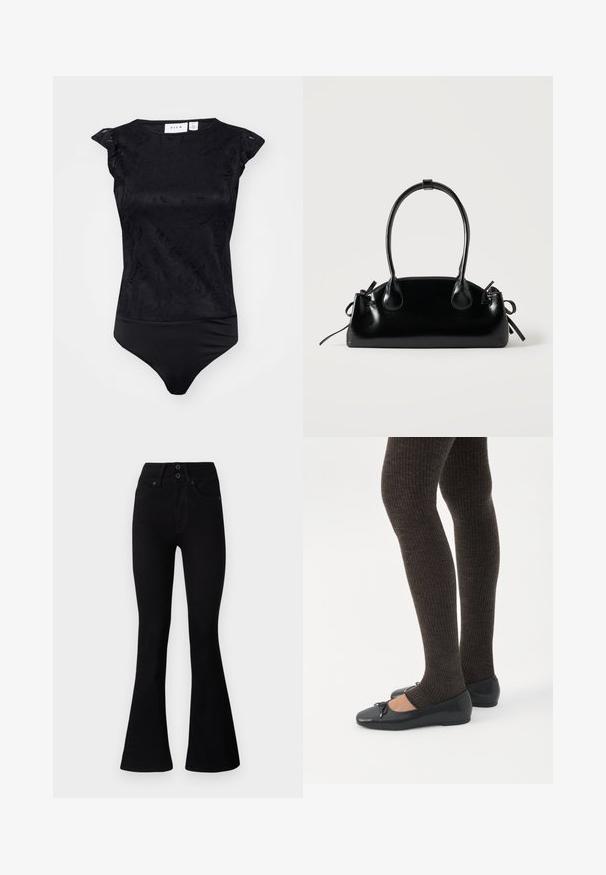 Čierny body s textúrovaným kvetinovým vzorom, s krátkymi rukávmi a priliehavým strihom. Hladká tkanina s bezšvovým spodným okrajom.; Pepe Jeans FLARE CONTOUR - Zvonové džínsy - black denim; Nohy v tmavých pásikavých legínach v kombinácii s čiernymi balerínkami s malými mašličkami na bielom pozadí.; Malá čierna lesklá kabelka s dvoma dlhými rúčkami a bočnými šnúrkovými detailmi na jednoduchom svetlom pozadí.