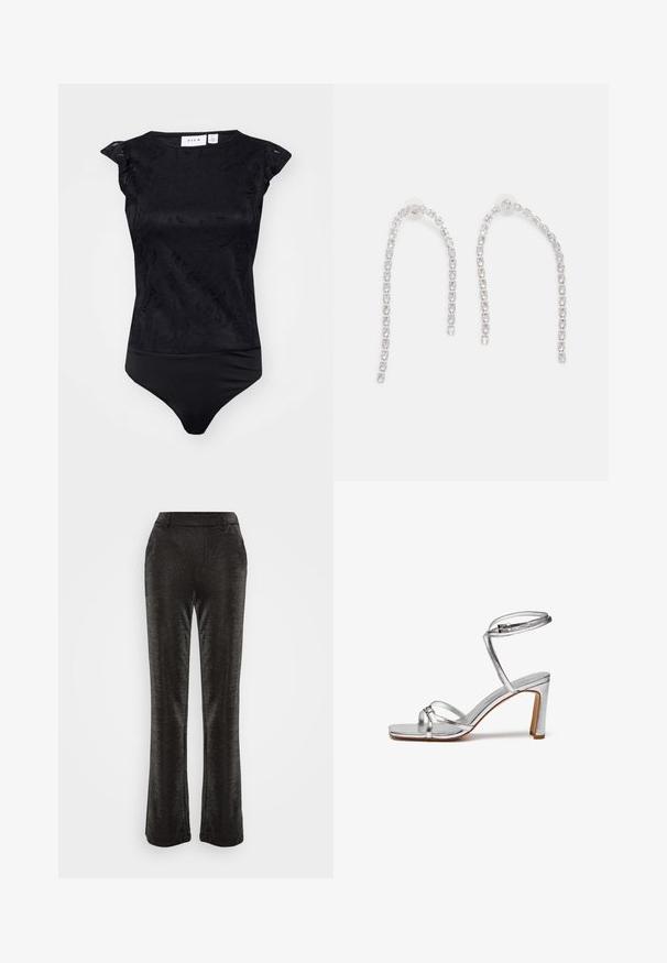 Schwarzer Body mit einem strukturierten Blumenmuster, kurzen Ärmeln und einer taillierten Passform. Glattes Material mit einem nahtlosen unteren Rand.; Schwarze, ausgestellte Hosen aus einem strukturierten, glitzernden Stoff. Sie verfügen über einen taillierten Bund und Seitentaschen, mit einer glatten Silhouette bis zum Saum.; Silberne High-Heel-Sandalen mit eckiger Zehenpartie, dünnem Knöchelriemen und Riemen über dem Spann. Glänzende Metallic-Oberfläche mit einem 3-Zoll-Blockabsatz.; Silberohrringe mit herabhängenden Ketten, die mehrere klare Edelsteine in einem linearen Muster angeordnet haben und einen schimmernden Effekt bieten.
