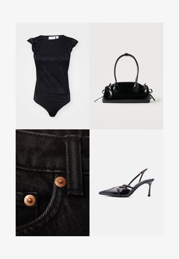 Mono negro con un patrón floral texturizado, mangas de corte en pico y un diseño ajustado. Tejido suave con un borde inferior sin costuras.; Primer plano de tela de mezclilla negra con un botón de cobre grabado, costuras reforzadas y una pretina plana.; Zapato de tacón destalonado de charol negro con punta puntiaguda, tiras delgadas y pequeños cierres de hebilla en tono dorado sobre fondo blanco.; Pequeño bolso negro brillante con dos asas largas y detalles de cordón lateral sobre un fondo claro liso.