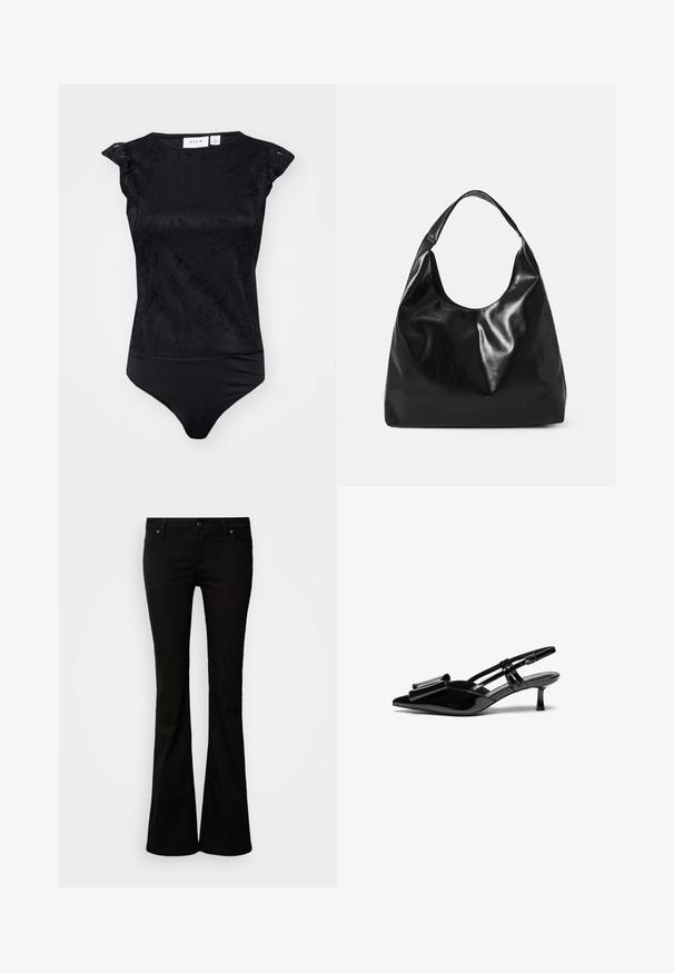 Schwarzer Body mit einem strukturierten Blumenmuster, kurzen Ärmeln und einer taillierten Passform. Glattes Material mit einem nahtlosen unteren Rand.; Bootcut-Hosen für schwarze Frauen mit Knopf- und Reißverschluss, Gürtelschlaufen sowie vorne und hinten Taschen, dargestellt vor weißem Hintergrund.; Schwarze Lackleder-Slingbacks mit spitzer Zehenpartie, einer Schleifendetail an der Vorderseite und einem kleinen Stiletto-Absatz. Die Riemen haben verstellbare Schnallen.; Schwarze Leder-Hobo-Tasche mit einer weichen, glänzenden Textur und einem runden, offenen Oberteil. Verfügt über einen breiten, gebogenen Tragegurt. Keine sichtbaren Beschläge.
