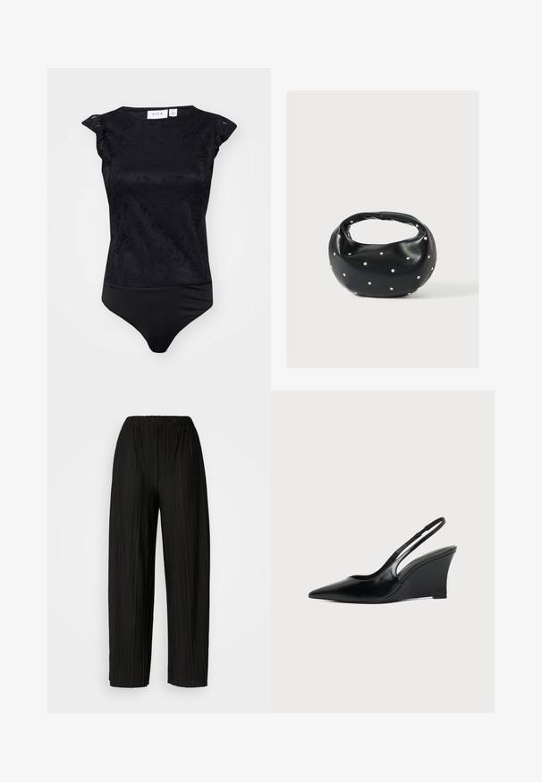 Mono negro con un patrón floral texturizado, mangas de corte en pico y un diseño ajustado. Tejido suave con un borde inferior sin costuras.; Pantalones anchos de pierna amplia, de color negro, con una cintura elástica. La tela presenta pliegues verticales y una textura suave.; Zapato de cuña con puntera puntiaguda, talón descubierto, de cuero negro, con tacón alto y una tira fina sobre el talón, mostrado de perfil.; Bolso de mano de cuero negro con forma redondeada, decorado con detalles de tachuelas plateadas y un asa corta. Textura lisa y cierre con cremallera.