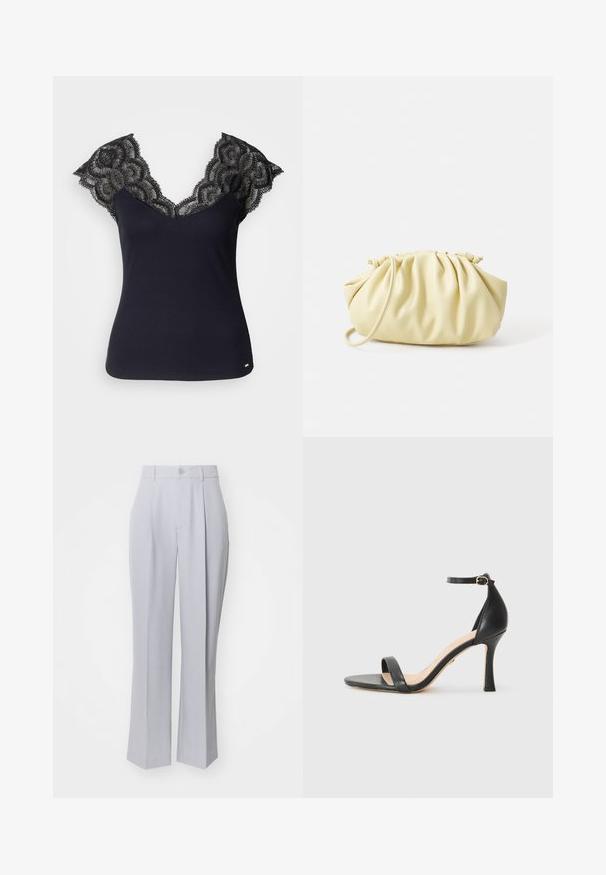 Débardeur noir à côtes avec un décolleté en V profond, agrémenté de détails en dentelle aux épaules et de bords festonnés. Accents de quincaillerie minimalistes à l'ourlet.; Pantalons taillés gris clair avec une coupe droite, présentant un pli avant unique, une fermeture à bouton et une texture tissée lisse.; Sandale à talons hauts en cuir noir avec une fine bride de cheville, bout ouvert et un talon élégant et courbé. Semelle texturée et design minimaliste.; Sac à main plissé jaune en simili cuir lisse, arborant une forme douce avec une bandoulière unique et un design froncé sur le dessus.