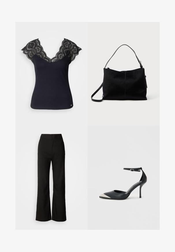 Sort ribbet tanktop med en dyb V-udskæring og blonderdetaljer ved skuldrene samt bølget kant. Minimal hardware-accenter ved kanten.; Sorte bukser med bred benvidde, glat tekstur, høj talje og et enkelt design. Ingen synlige lommer eller udsmykninger.; Sort højhælet sko med spids tå, sølvfarvet metallisk tåkappe og ankelrem med spænde på en hvid baggrund.; Sort skuldertaske med en glat, tekstureret overflade, prydet med en enkelt rem og en lynlåslukning øverst. Kompakt rektangulær form.