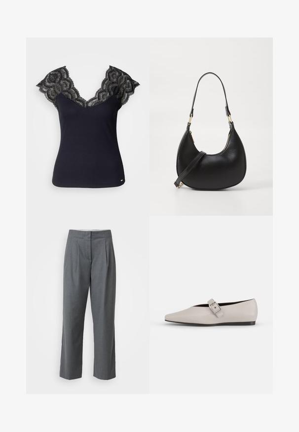 Débardeur noir à côtes avec un décolleté en V profond, agrémenté de détails en dentelle aux épaules et de bords festonnés. Accents de quincaillerie minimalistes à l'ourlet.; Pantalons gris ajustés à coupe droite, avec une texture lisse, des plis devant et des poches latérales. Pas de quincaillerie ou d'accents visibles.; Chaussure plate en cuir beige avec un bout pointu, un accent de boucle sur le côté et une semelle noire basse. Texture lisse et design minimaliste.; Sac à main en cuir noir avec une forme courbée, doté d'une fermeture à glissière en haut, d'une courte poignée et d'une bandoulière amovible. Accent en métal doré.