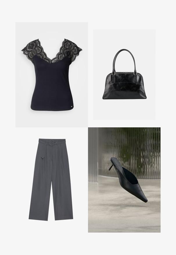 Top de tirantes negro de canalé con un escote profundo en V y detalles de encaje en los hombros y bordes festoneados. Acentos de hardware mínimos en el dobladillo.; Pantalones de pierna ancha en tejido gris oscuro con cintura ceñida, que presentan pliegues frontales y una textura suave. Sin patrones ni acentos adicionales.; Zapato mule negro de punta fina con tacón alto y delgado flotando sobre un suelo de hormigón liso, con un fondo desenfocado de rayas verticales.; Bolso de cuero negro con dos asas superiores redondeadas y un bolsillo delantero ligeramente curvado, mostrado sobre un fondo liso y claro.