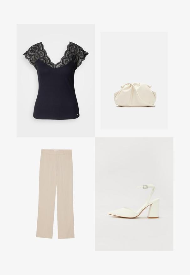 Sort ribbet tanktop med en dyb V-udskæring og blonderdetaljer ved skuldrene samt bølget kant. Minimal hardware-accenter ved kanten.; Beige vide ben bukser med en glat tekstur, der har en skræddersyet pasform, to forlommer og diskrete folder langs benene.; Hvide hælede sandaler med spids tå, justerbar ankelrem og en kraftig firkantet hæl. Glat tekstur med minimale syninger.; Blød, cremefarvet læder clutch taske med samlet, rynket design og en tynd skulderrem, der hviler foran på en ensfarvet baggrund.