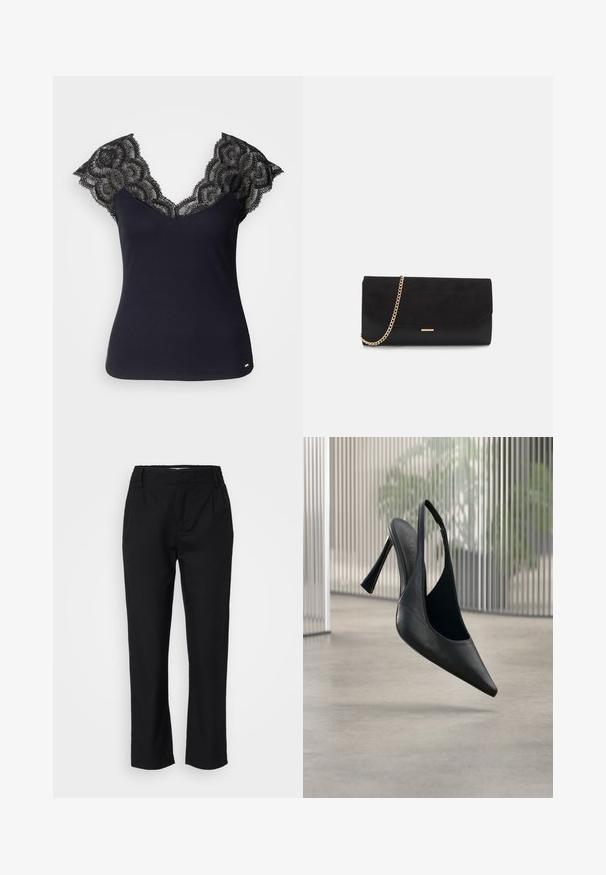 Schwarzes, geripptes Tanktop mit tiefem V-Ausschnitt und Spitzenverzierungen an den Schultern sowie gewellten Kanten. Minimale Hardware-Akzente am Saum.; Schwarze Hose aus einem glatten Stoff mit geradem Bein, vorderen Falten und einem elastischen Bund für Komfort. Keine sichtbaren Beschläge.; Schwarzer Leder Slingback-Stiletto mit spitzer Schuhspitze, schwebt über einem glatten Betonboden und einem vertikalen Metallpaneel im Hintergrund.; Schwarze Clutch aus Wildleder mit strukturierter Oberfläche, ausgestattet mit einem goldenen Kettenriemen und einem eleganten, kantigen Design.