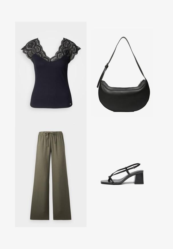 Schwarzes, geripptes Tanktop mit tiefem V-Ausschnitt und Spitzenverzierungen an den Schultern sowie gewellten Kanten. Minimale Hardware-Akzente am Saum.; Olivgrüne weit geschnittene Hose mit elastischem Bund und Kordelzug, Frontansicht vor einfarbigem Hintergrund.; Schwarze Leder-High Heelsandalen mit quadratischer Zehenform, dünnen Riemen und Blockabsatz. Glatte Textur mit minimalen Akzenten, entworfen für einfachen Tragekomfort.; Schwarze, halbmondförmige Lederschultertasche mit langem, verstellbarem Riemen und Reißverschluss oben.