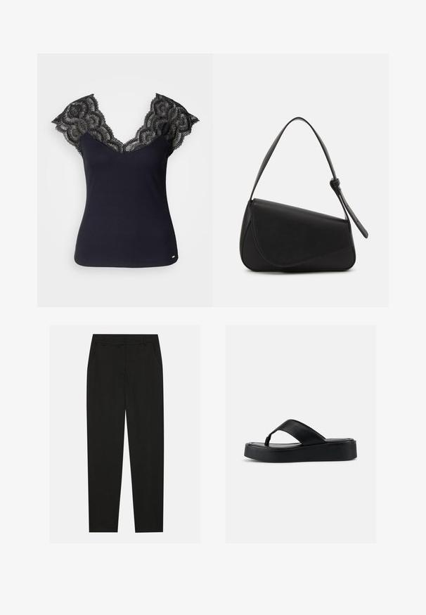 Schwarzes, geripptes Tanktop mit tiefem V-Ausschnitt und Spitzenverzierungen an den Schultern sowie gewellten Kanten. Minimale Hardware-Akzente am Saum.; Schwarze Hosen mit taillierter Passform, ausgestattet mit seitlichen Taschen und geradem Bein. Hergestellt aus glattem, leichtem Stoff mit einem eleganten Finish.; Schwarze Plateau-Zehensandale mit breitem Lederband und gepolsterter Sohle, Seitenansicht vor hellem, einfarbigem Hintergrund.; Schwarze Lederhandtasche mit dreieckiger Form, schrägem Klappdeckel und rundem Oberhandgriff. Verfügt über eine glatte Textur und minimalistische Designdetails.
