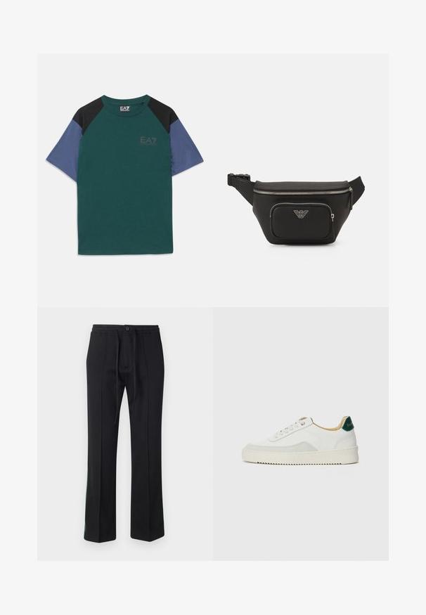 Kortærmet T-shirt med grøn krop, sorte skulderpaneler, blå ærmer og et lille EA7 Emporio Armani-logo på brystet.; Sorte svedbukser med snoreliv, flad front og lige ben. Har grønne detaljer langs sidesømmene. Blød stoftekstur.; Hvide sneakers med ruskindsdetaljer, rund tå, flade snørebånd og en cremet gummisål. Har grøn branding på hælen.; Sort bæltetaske lavet af struktureret stof, med en frontlomme med lynlås, sølv hardware og et prægede logo. Justerbar rem inkluderet.