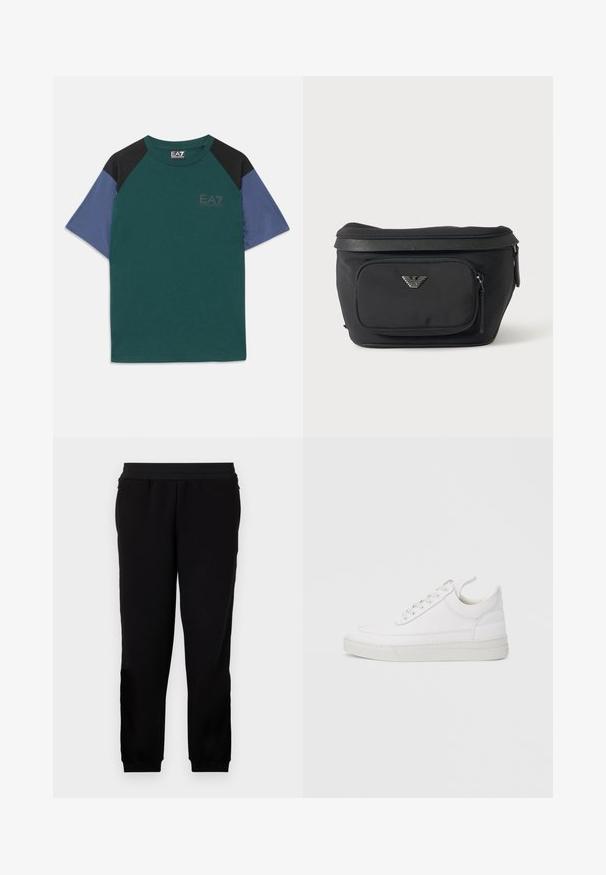 Kurzhärmeliges T-Shirt mit grünem Körper, schwarzen Schulterpaneelen, blauen Ärmeln und kleinem EA7 Emporio Armani-Logo auf der Brust.; Schwarze Sweatpants aus einem weichen Material, mit elastischem Bund, eng anliegenden Bündchen und Seitentaschen für zusätzlichen Komfort.; Weißer Ledersneaker mit abgerundetem Zehenbereich, flacher Sohle und Schnürverschluss. Verfügt über Nahtdetails und einen gepolsterten Kragen für zusätzlichen Komfort.; Schwarze Bauchtasche mit Frontreißverschlusstasche und silbernem Adlerlogo, glattes Gewebe mit strukturiertem Besatz und Reißverschlussanhängern.