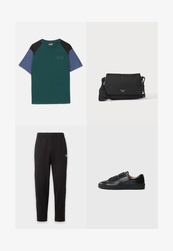 Lühikese varrukaga T-särk rohelise kehaga, mustade õlavarrepaneelidega, siniste varrukatega ning rindkerel väikese EA7 Emporio Armani logoga.; Mustad elastse elastse vööga dressipüksid kitsenevate säärte ja väikese valge logoga vasaku reie ülaosas.; Musthave nahkast kingad sujuva tekstuuriga, ümara toe jastringsidega sulgemisega. Omab paksu kummist tallat ja minimaalset brändi detaili.; Must ristkott-kott reguleeritava rihma ja väikese hõbedase logoga esipaneelil, esitatud lihtsal heledal taustal.