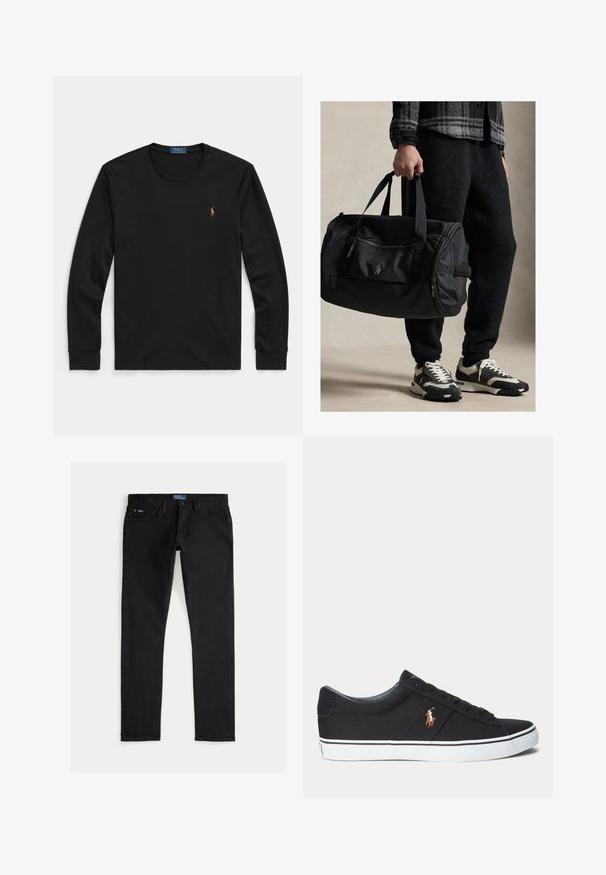Schwarzes Langarmshirt mit Rundhalsausschnitt und kleinem besticktem Polo Ralph Lauren-Logo auf der linken Brust.; Schwarze Slim-Fit-Denimjeans mit fünf Taschen, Gürtelschlaufen und einem blauen Markentag am Bund. Glatter, strapazierfähiger Stoff.; Schwarzer Sneaker mit niedrigem Schaft, weißer Sohle und gesticktem Polospieler-Logo an der Seite, mit Schnürverschluss und strukturiertem Stoff-Obermaterial.; Person, die eine schwarze Sporttasche hält, schwarze Hose, eine graue karierte Jacke und schwarz-weiße Sneaker trägt.