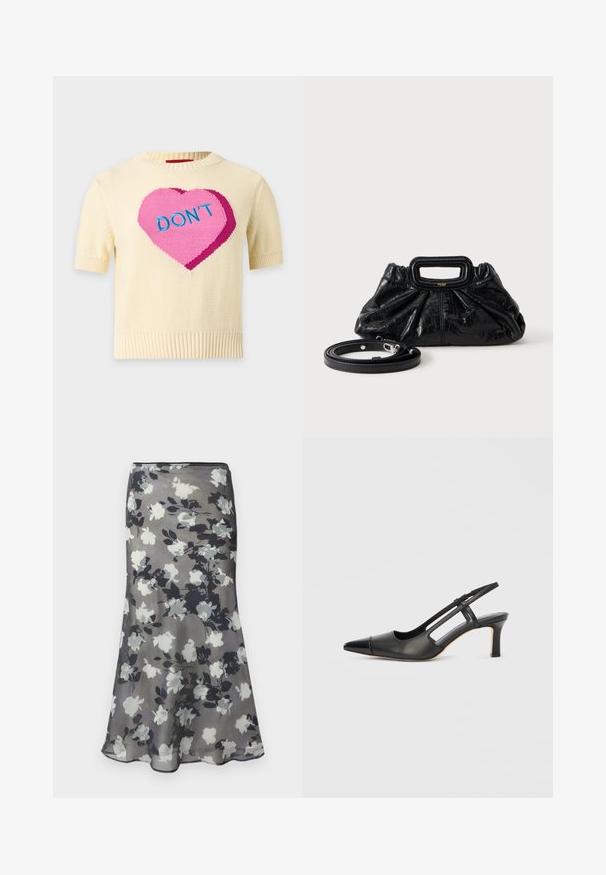Pull en maille crème à manches courtes avec un grand cœur rose et le mot "DON'T" en lettres bleues sur le devant.; Jupe midi grise avec imprimé floral en noir, blanc et gris et légère évasement à l'ourlet.; Chaussure à bride arrière en cuir noir avec bout pointu, dotée d'un accent brillant sur le bout et d'un talon de hauteur moyenne. Design latéral ouvert.; Petit sac à main en cuir noir avec texture froncée, poignée rectangulaire et fine bandoulière amovible placée à côté.