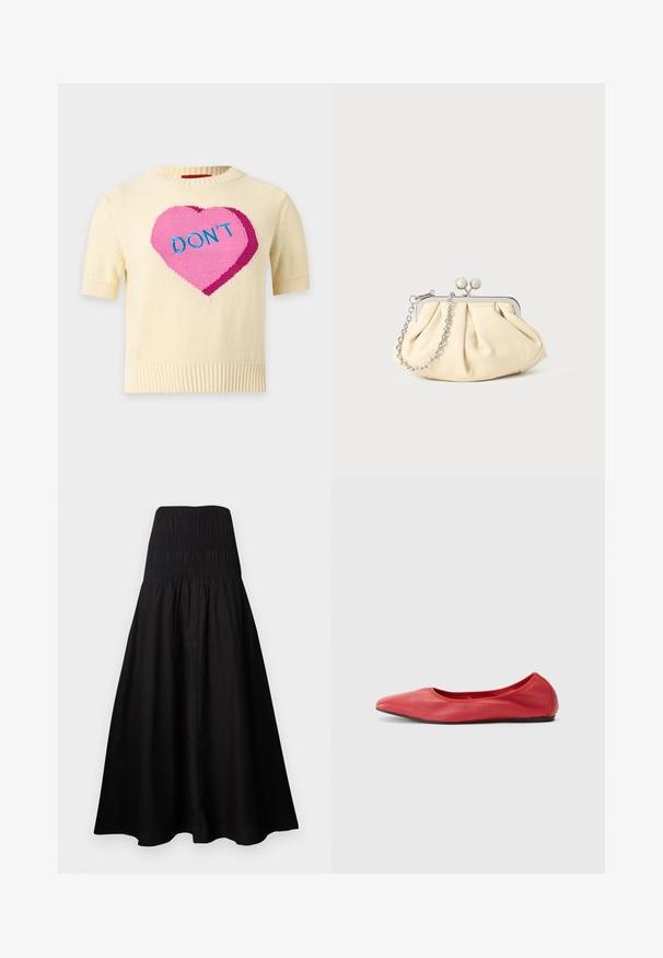 Pull en maille crème à manches courtes avec un grand cœur rose et le mot "DON'T" en lettres bleues sur le devant.; Robe midi noire sans bretelles avec corsage froncé ajusté et jupe évasée, en tissu léger.; Filippa K REY FLATS - Ballerines - bright red; Pochette en cuir beige plissé avec un cadre en métal argenté, dotée de deux fermoirs ronds décoratifs et d'une chaîne en argent.