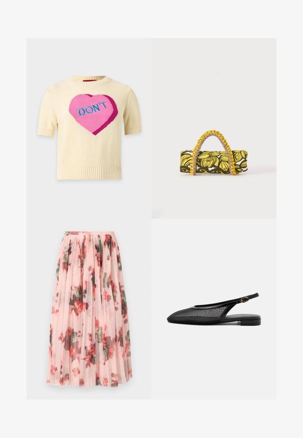 Pull en maille crème à manches courtes avec un grand cœur rose et le mot "DON'T" en lettres bleues sur le devant.; Jupe en tulle avec une base rose pâle, présentant un motif floral en rouge et vert. Le tissu est transparent avec des plis froncés à la taille.; Chaussure plate noire à bride arrière, bout pointu, tige en mesh, bride à boucle réglable et petit talon empilé sur fond blanc.; Sac rectangulaire avec motif floral jaune et noir et anse tressée jaune et rose sur fond blanc.