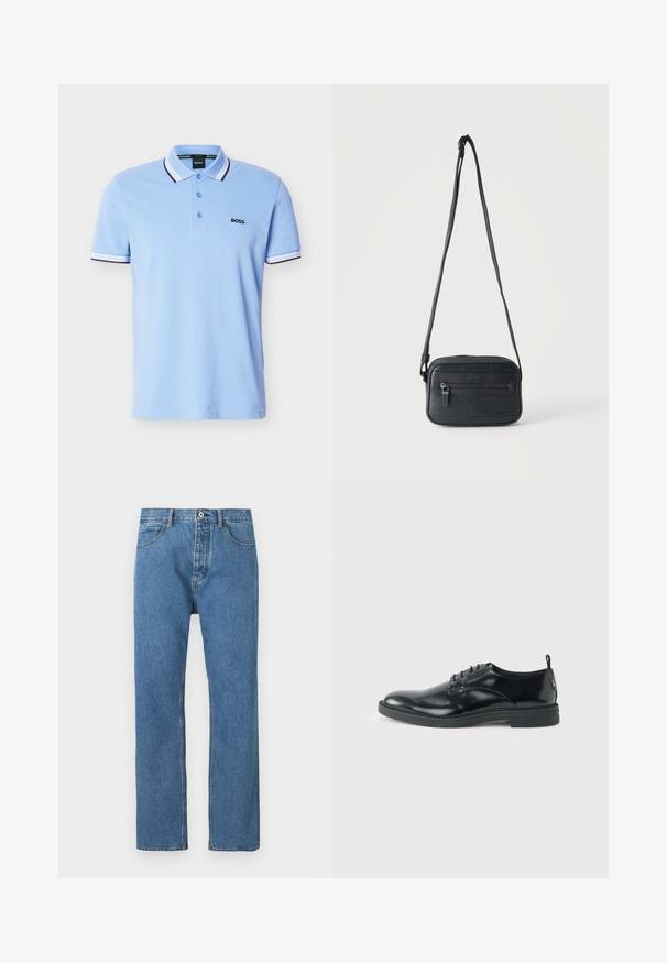 Polo bleu clair à manches courtes avec col et bords de manches rayés blancs et noirs, patte de boutonnage, et logo "BOSS" sur la poitrine.; Jean en denim bleu clair à coupe droite, avec cinq poches, une fermeture par bouton et des détails de couture subtils le long des coutures.; Chaussure habillée en cuir noir brillant avec un petit talon, fermeture à lacets et bout rond, vue de côté sur un fond uni et clair.; Sac bandoulière noir avec une poche zippée à l'avant, surface texturée et bandoulière réglable suspendu sur un fond clair uni.