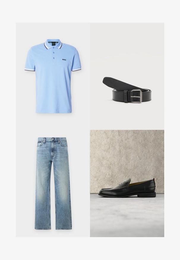 Polo bleu clair à manches courtes avec col et bords de manches rayés blancs et noirs, patte de boutonnage, et logo "BOSS" sur la poitrine.; Jean droit en denim bleu clair avec taille haute, cinq poches, fermeture à boutons et léger délavage sur les cuisses et les genoux.; Mocassin pour homme en cuir noir avec un dessus embossé effet croco et un petit talon, présenté de profil sur un fond neutre.; Ceinture en cuir noire enroulée avec une boucle rectangulaire en métal argenté sur un fond clair uni.