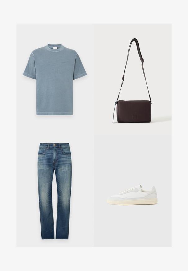 T-shirt en coton bleu à manches courtes, col rond et broderie de logo subtile. Texture douce avec une coupe décontractée et un ourlet droit.; Jean en denim bleu foncé à coupe droite, avec un léger délavage, cinq poches et une fermeture par bouton à la taille.; Baskets blanches avec dessus en daim et cuir texturé. Caractérisées par un bout arrondi, une fermeture à lacets et une semelle en caoutchouc beige contrastante.; Sac bandoulière en cuir marron foncé texturé avec une sangle réglable et un petit accent décoratif bleu sur le côté.