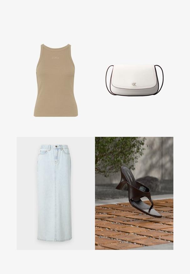 Beige ribbelachtige tanktop met een ronde halslijn, mouwloos ontwerp en een klein reliëflogo op de voorkant. Zachte stoftextuur.; Lichtblauwe denim maxi rok met een rechte snit, voorzijde met knopen en zichtbare stiksels. Bevat twee voorzakken.; Bruine Calvin Klein teenslipper met hak, hangend boven houten tegels en grind op een buitenvloer met een vage achtergrond van groen en stenen.; Witte schoudertas met klepsluiting, klein zilveren "cK"-logo in het midden en dunne donkerbruine verstelbare band.