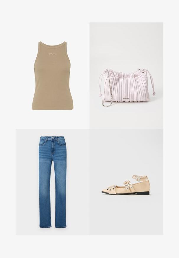 Beige gerippter Tanktop mit rundem Ausschnitt, ärmellosem Design und kleinem geprägtem Logo in der Mitte der Vorderseite. Weiche Stoffstruktur.; Blaue Jeans aus Denim mit geradem Schnitt, ausgestattet mit einem Knopf- und Reißverschluss, fünf Taschen und dezentem Verblassen entlang der Beine.; Beige Flachschuh mit spitzer Zehe, drei silbernen Schnallenriemen und Knöchelriemen, mit schwarzem Sohlen und dekorativen Ösen.; Rosa gefaltete Handtasche aus Kunstleder mit einem Kordelzugverschluss und einem Schulterriemen aus silberner Kette. Glatte Textur, kompakte Form.