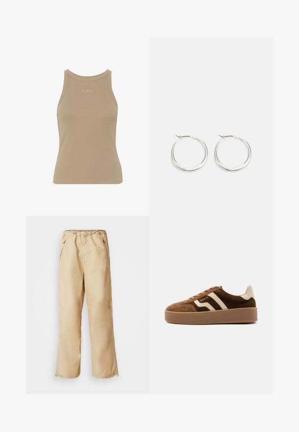Beige ribbet t-shirt med rund halsudskæring, ærmeløs design og et lille præget logo midt foran. Blød stoftekstur.; Beige, lette bukser med snor i taljen, sidelommer med lynlås og elastiske manchetter. Glat tekstur, lige ben-design.; Brun ruskind sneaker med beige striber, beige hælkappe, tyk gummisål og snørelukning, sidevisning på ensfarvet baggrund.; Sølv hoops øreringe har et glat, afrundet design med en slank profil og sikker spænde. Minimalistisk stil med en poleret finish.