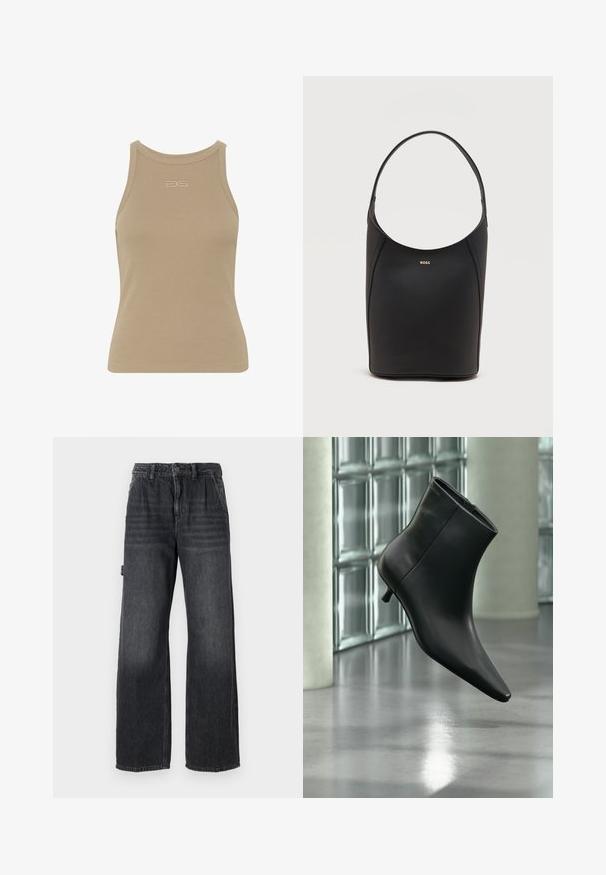 Top sin mangas de canalé beige con escote redondo, diseño sin mangas y un pequeño logo en relieve en el centro delantera. Textura de tela suave.; Jeans de pierna ancha en denim gris oscuro, con una cintura alta, bolsillos frontales y un sutil desgaste en los muslos. Detalle de costura en contraste.; Botín negro de cuero con punta puntiaguda y tacón bajo estilo kitten, mostrado en ángulo sobre un suelo pulido y con una pared de bloques de vidrio de fondo.; Bolso de cuero negro tipo saco con una sola correa para el hombro y pequeño logo dorado de BOSS centrado cerca de la parte superior frontal.